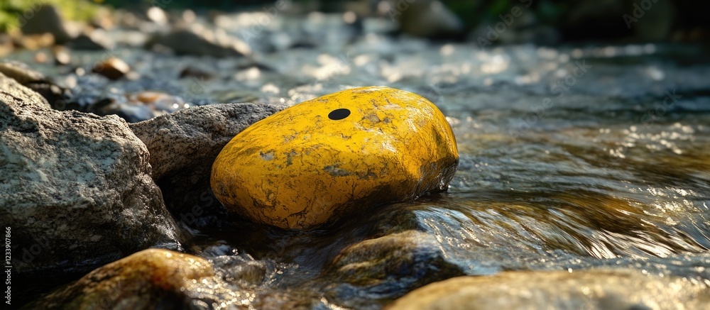 Poster bright yellow rock in a shallow stream surrounded by pebbles and flowing water with soft reflections