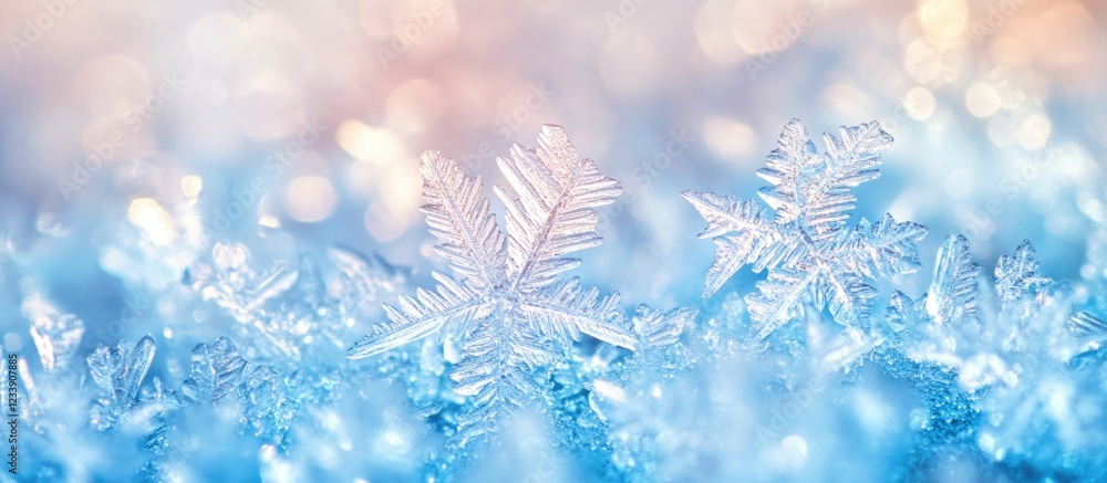 Poster close-up of delicate ice crystals and snowflakes with pastel bokeh background and copy space.