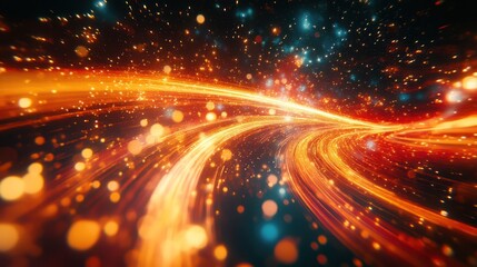 Fototapeta premium Glowing energy streaks curve through cosmic dust; motion background