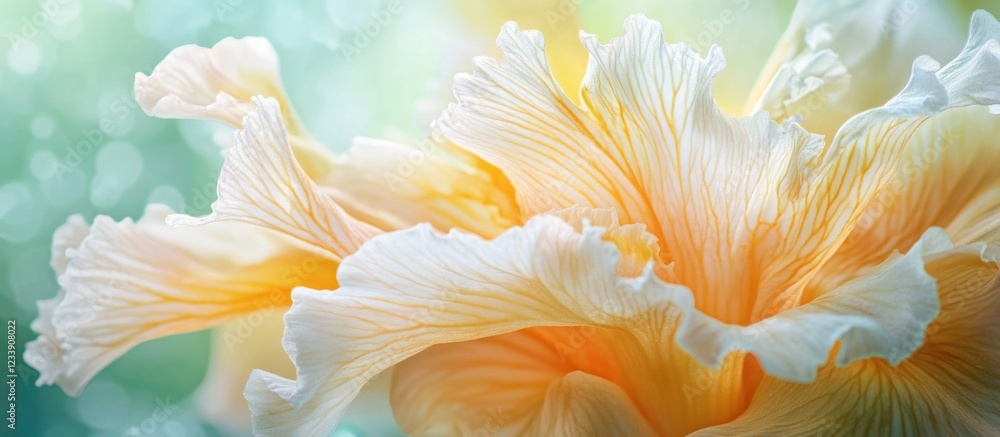 Poster close-up of delicate orange and cream iris petals with soft focus background and copy space for text