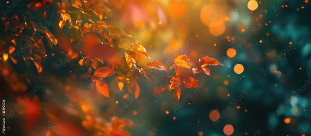Poster autumn leaves with bokeh and blurred background in warm light