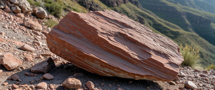 Clay brown argillite stone in hillside with close up background