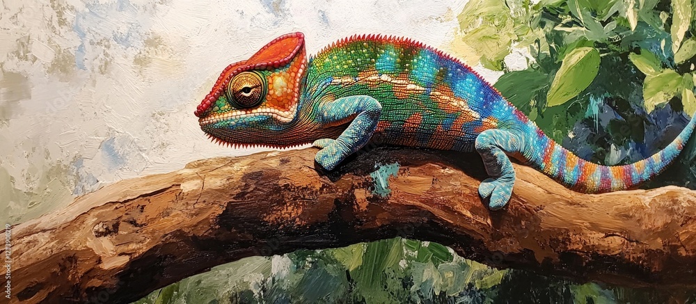 Poster colorful chameleon resting on a branch amidst lush greenery with copy space for text placement