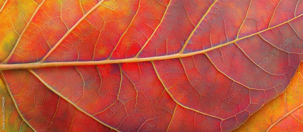 Poster close-up view of colorful autumn leaf with visible veins and texture