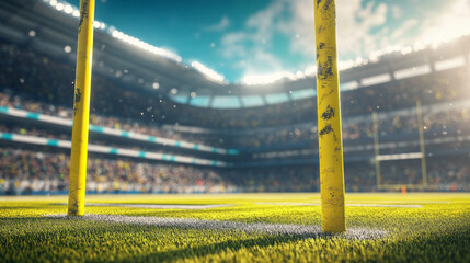 Fototapeta premium American football arena with yellow goal post, grass field and blurred fans at playground view. 3D render. Flashlights. Concept of outdoot sport, football, championship, match, game space