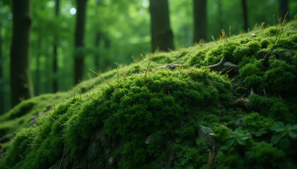Obraz premium Moss-covered forest floor in vibrant greenery 