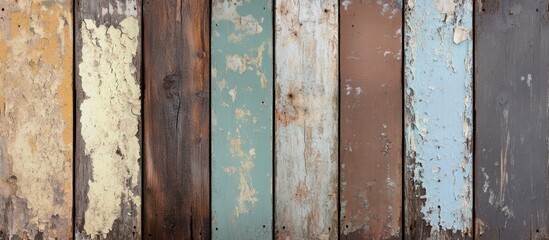 Weathered wooden planks with peeling paint in various colors and textures