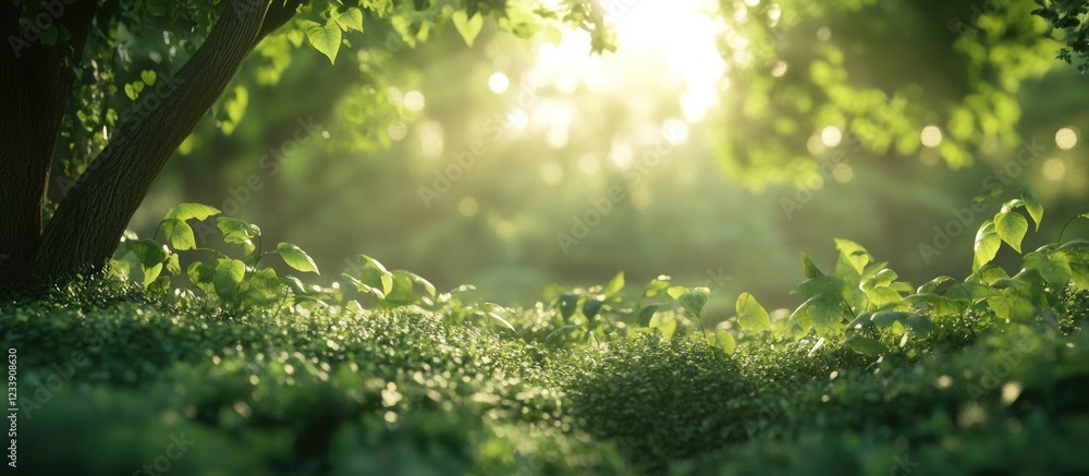 Poster lush green foliage with sunlight filtering through trees creating a serene forest atmosphere copy sp