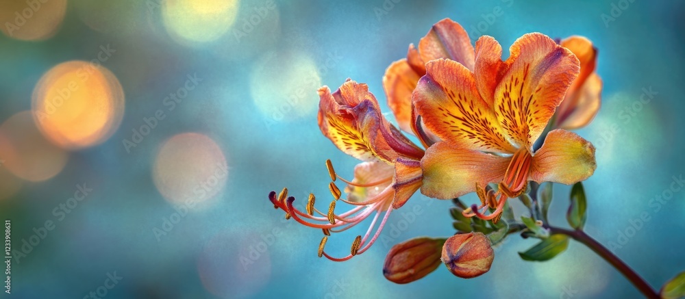 Poster orange alstroemeria flower against a soft blue background with colorful bokeh and copy space for tex