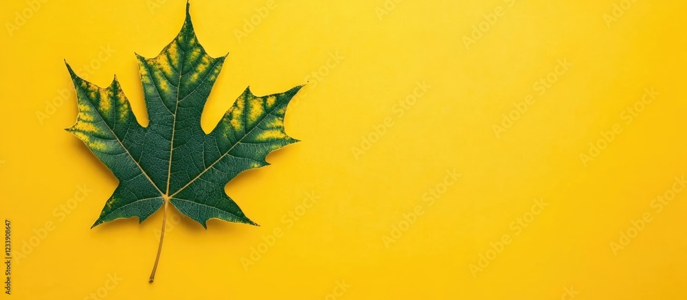 Poster green maple leaf on a vibrant yellow background with ample copy space for text placement.