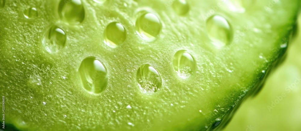 Poster close-up of freshly sliced cucumber showing water droplets on surface with detail and texture copy s