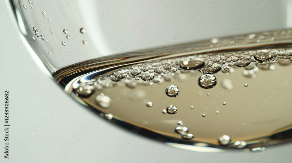Poster close-up of sparkling beverage in a glass showing bubbles and reflections with copy space for text p