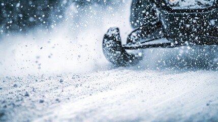 Snow-covered road with snowmobile tire tracks creating snow spray and dust in a winter landscape, Copy Space available.