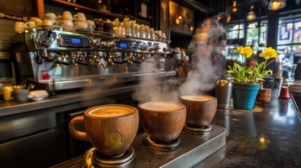 Fototapeta premium Steaming Coffee Cups at a Trendy Coffee Shop