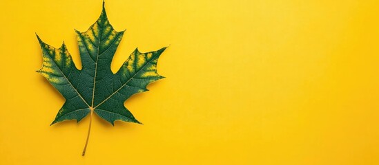 Fototapeta premium Green maple leaf on a vibrant yellow background with ample copy space for text placement.