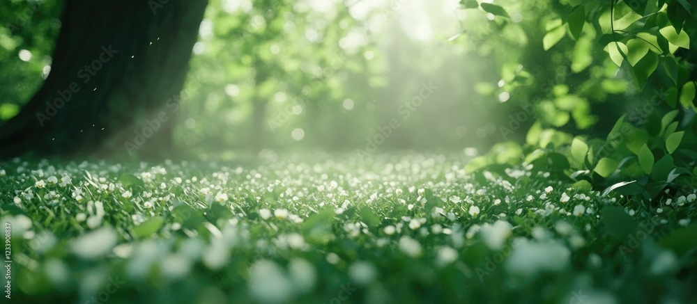 Poster beautiful green forest landscape with sunlight filtering through trees and illuminating a field of l