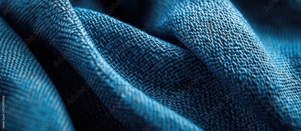 Aufkleber close-up of textured blue fabric showcasing intricate weaving patterns and folds with natural light 