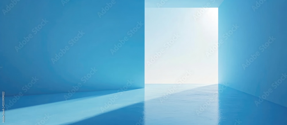 Poster minimalistic blue room with open door and bright light streaming through, creating soft shadows on t