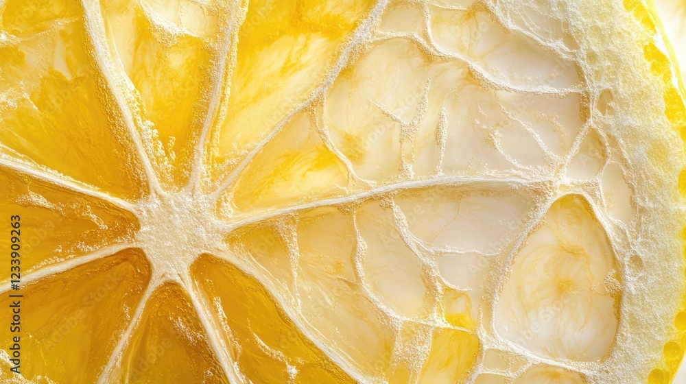 Poster close-up view of a sliced lemon revealing textured pulp and juice cells with visible details and bri