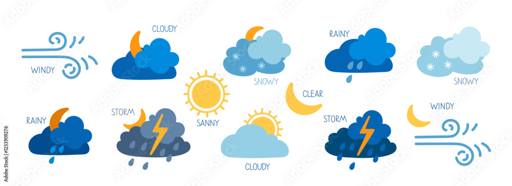 Wall mural various weather icons illustrating different atmospheric conditions and symbols