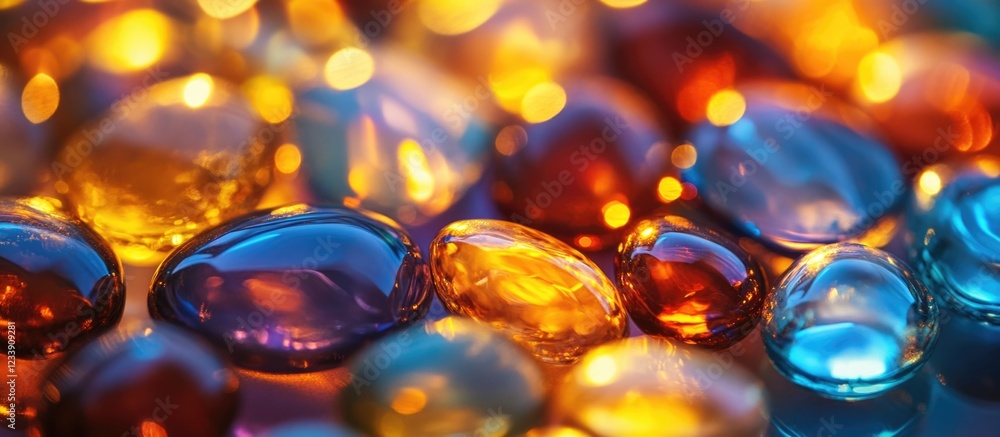 Poster colorful water droplets with reflections and bokeh on a textured surface copy space