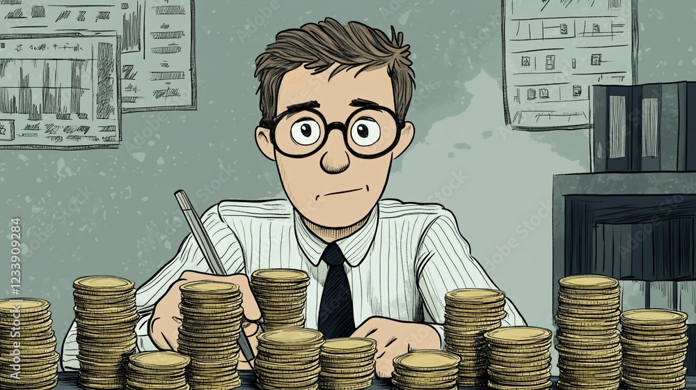 Poster illustration of a person with stacks of coins on desk working with financial data and documents