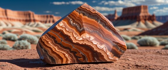 Copper brown jasper stone in badlands with close up background