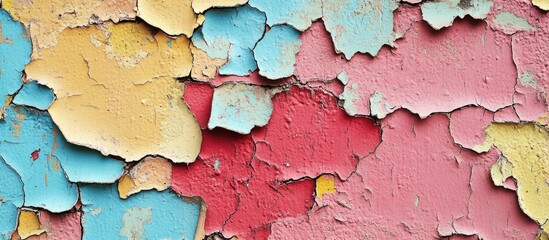 Colorful peeling paint texture on weathered wall with multiple layers and shades including blue, red, yellow, and pink Copy Space