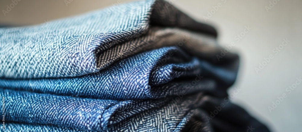 Poster stacked denim fabric with a blurred background showcasing texture and color variations copy space