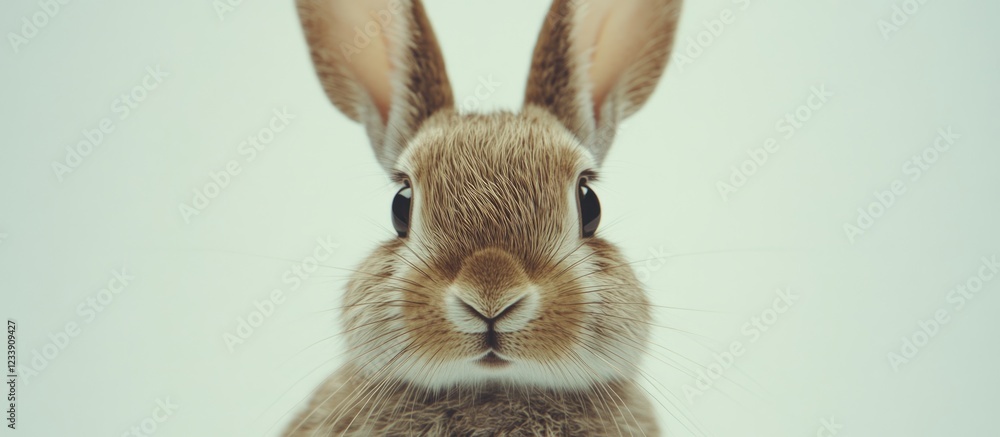 Poster close-up portrait of a rabbit with prominent ears and expressive eyes on a neutral background with c