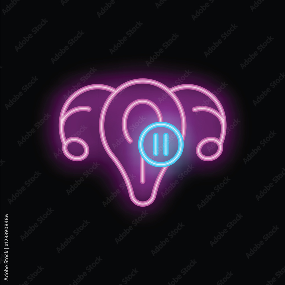 Poster neon icon of a wireless earphone with a pause button, representing a break from listening to music o
