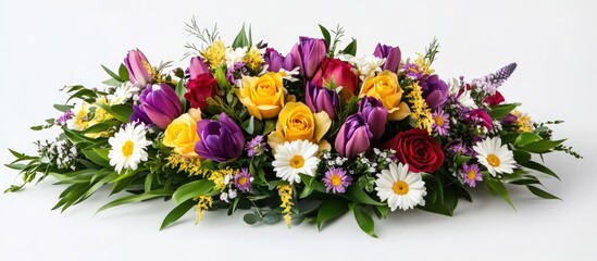 Fototapeta premium Vibrant floral centerpiece arrangement with colorful roses, tulips, and daisies on a neutral background Copy Space