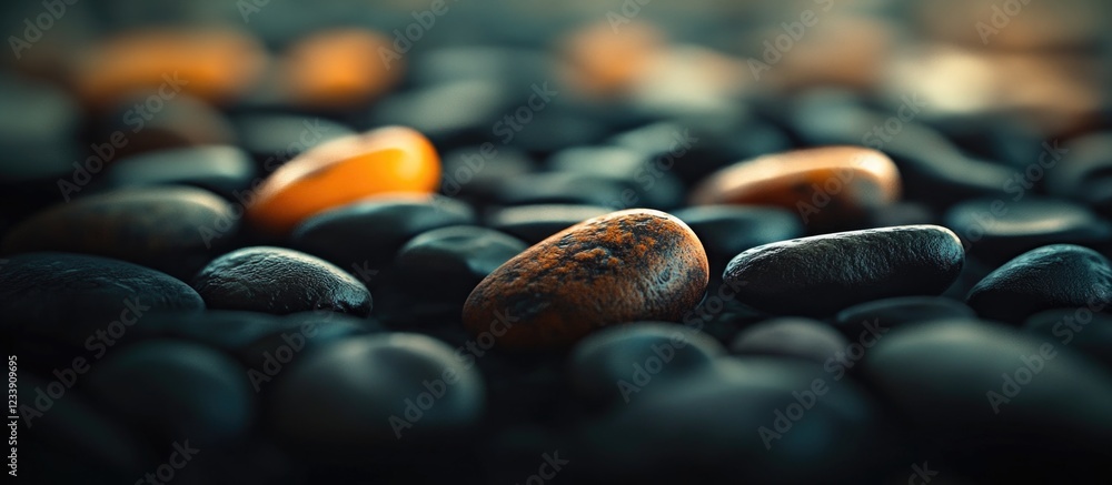 Poster colorful smooth pebbles arranged on a surface with warm tones and cool shadows natural texture backg