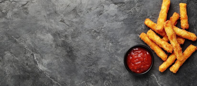 Golden crispy potato sticks served with a small bowl of tangy red ketchup on a textured dark stone background with Copy Space