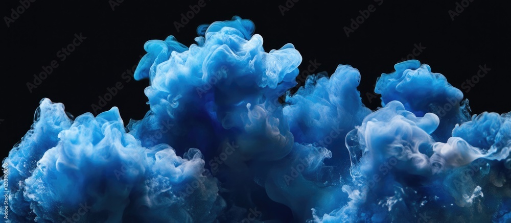 Poster blue ink or paint swirling in water creating abstract clouds on a black background with copy space.