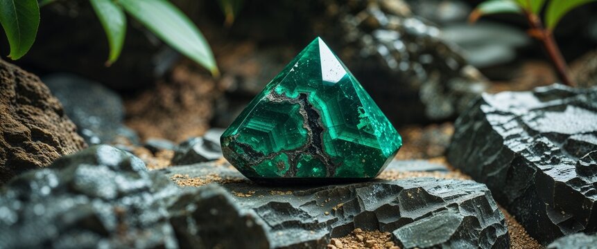 Dark emerald zoisite stone in jungle rocks with close up background