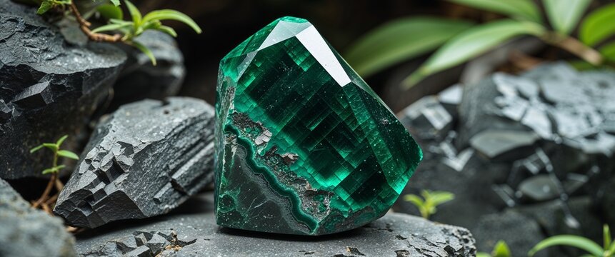 Dark emerald zoisite stone in jungle rocks with close up background