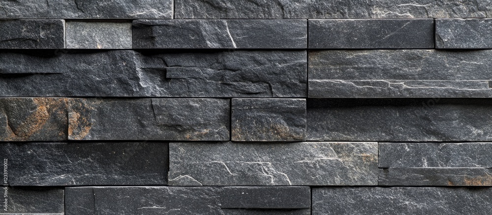 Poster textured gray stone wall with stacked slate tiles creating a modern architectural background with co