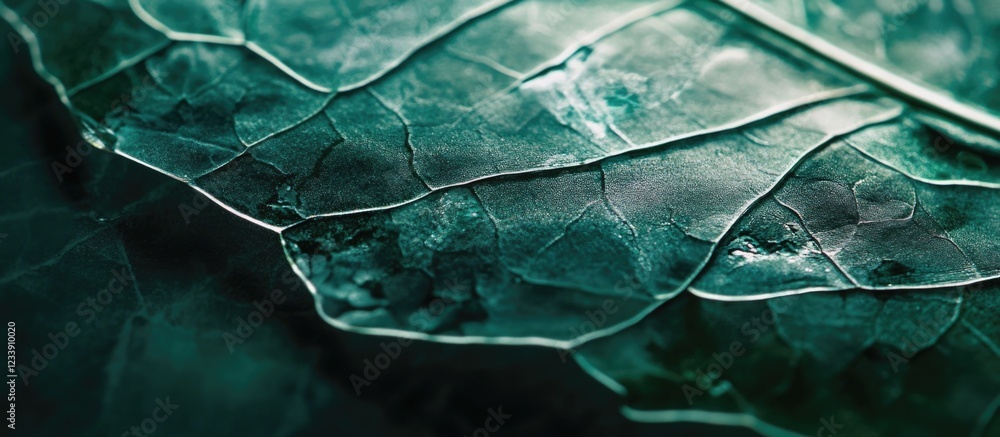 Poster close-up view of wet green leaf texture with intricate vein patterns and soft lighting for detailed 