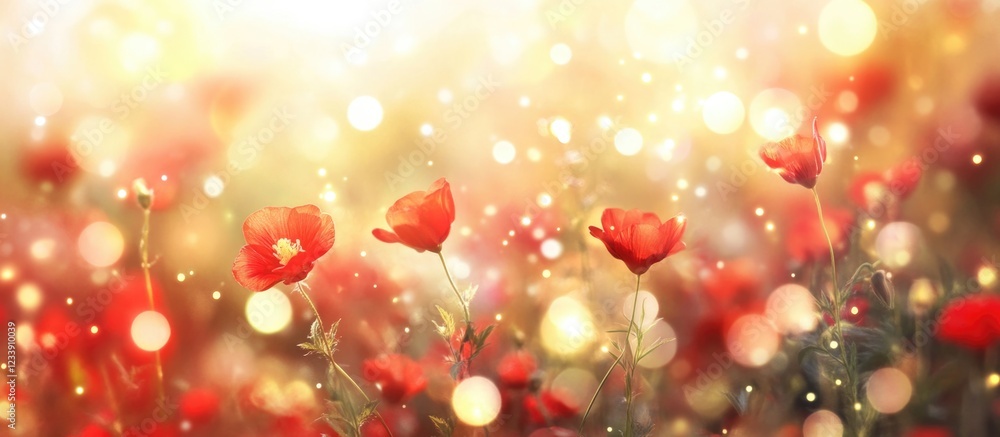 Poster red flowers in a field with a soft bokeh effect and warm light creating a dreamy atmosphere copy spa