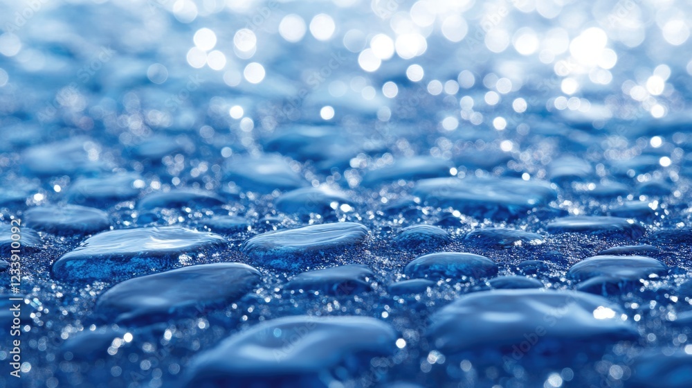 Poster blue water droplets on a surface with reflections and bokeh effect copy space