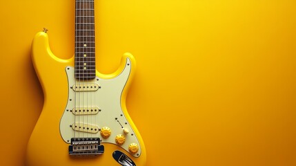 Shiny electric guitar in bold yellow, matching one-color background