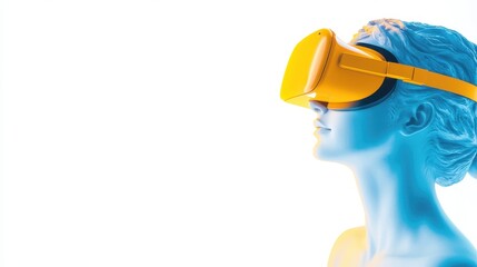 Virtual Classical Encounter: A blue classical bust experiences virtual reality with a vibrant yellow VR headset, creating a captivating contrast between ancient art and modern technology.