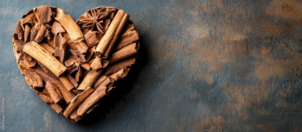 Poster cinnamon sticks arranged in a heart shape on a textured surface with copy space for text