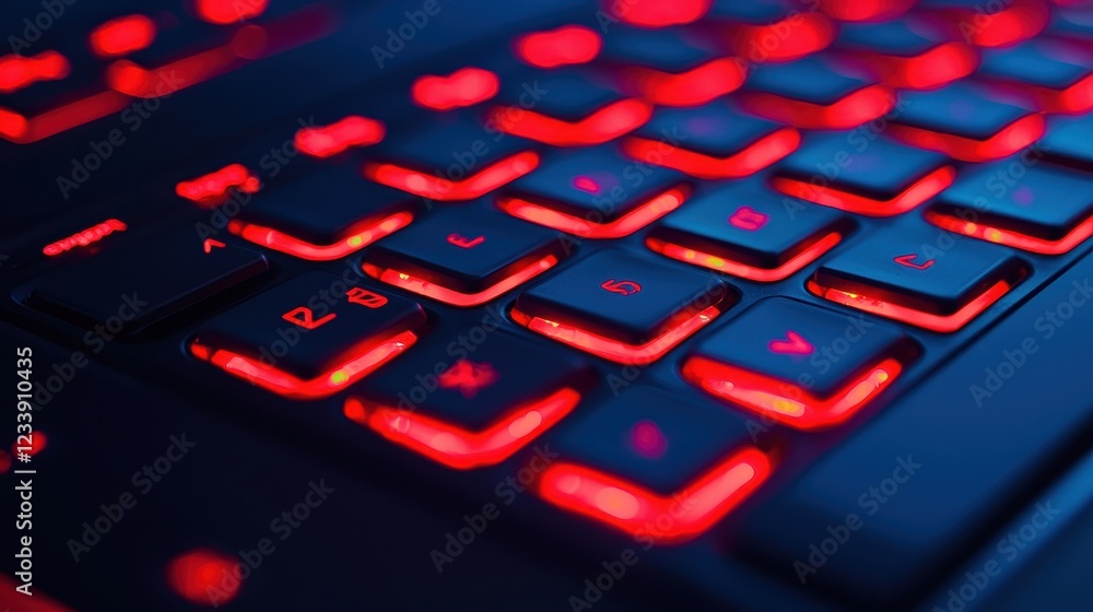Poster close-up of red backlit keyboard keys illuminated