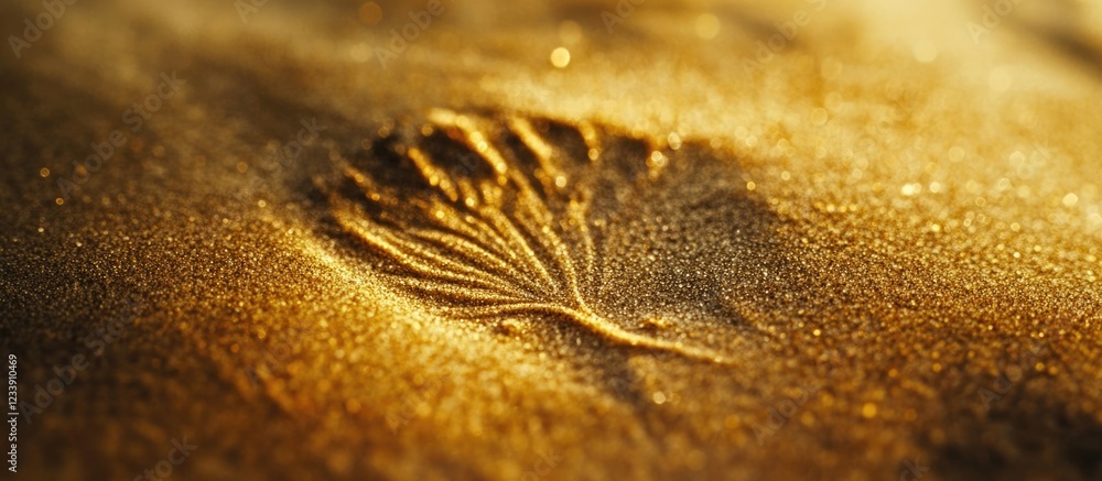 Poster sand texture with shell imprint in warm golden light on beach surface copy space