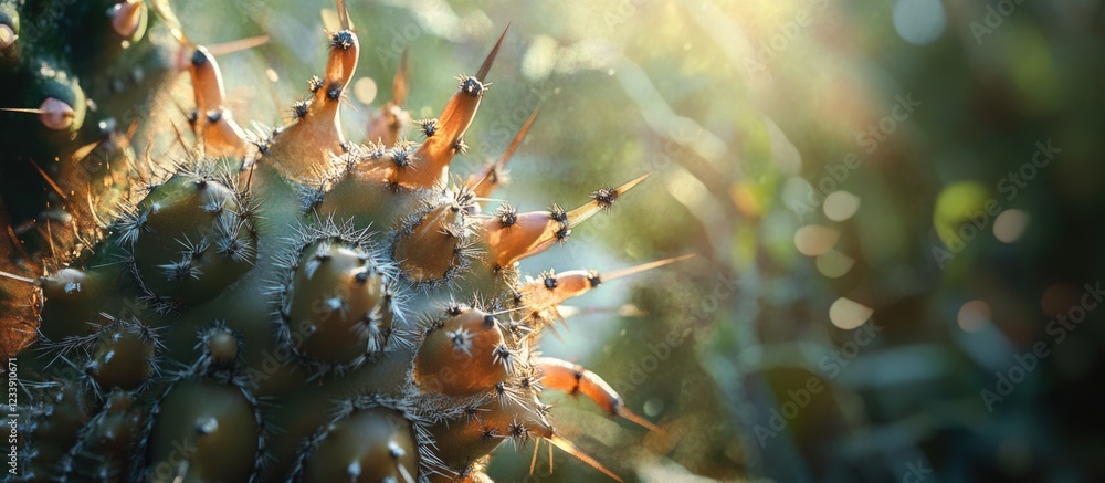 Poster close-up view of spiky cactus with sunlight filtering through background copy space
