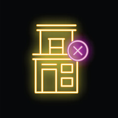 Glowing neon sign of a building being cancelled with a cross mark in front of it on a black background