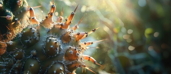 Fototapeta premium Close-up view of spiky cactus with sunlight filtering through background Copy Space