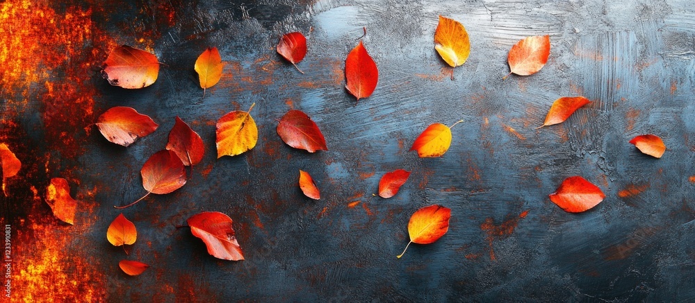 Poster autumn leaves scattered on rustic blue background with abstract orange patterns